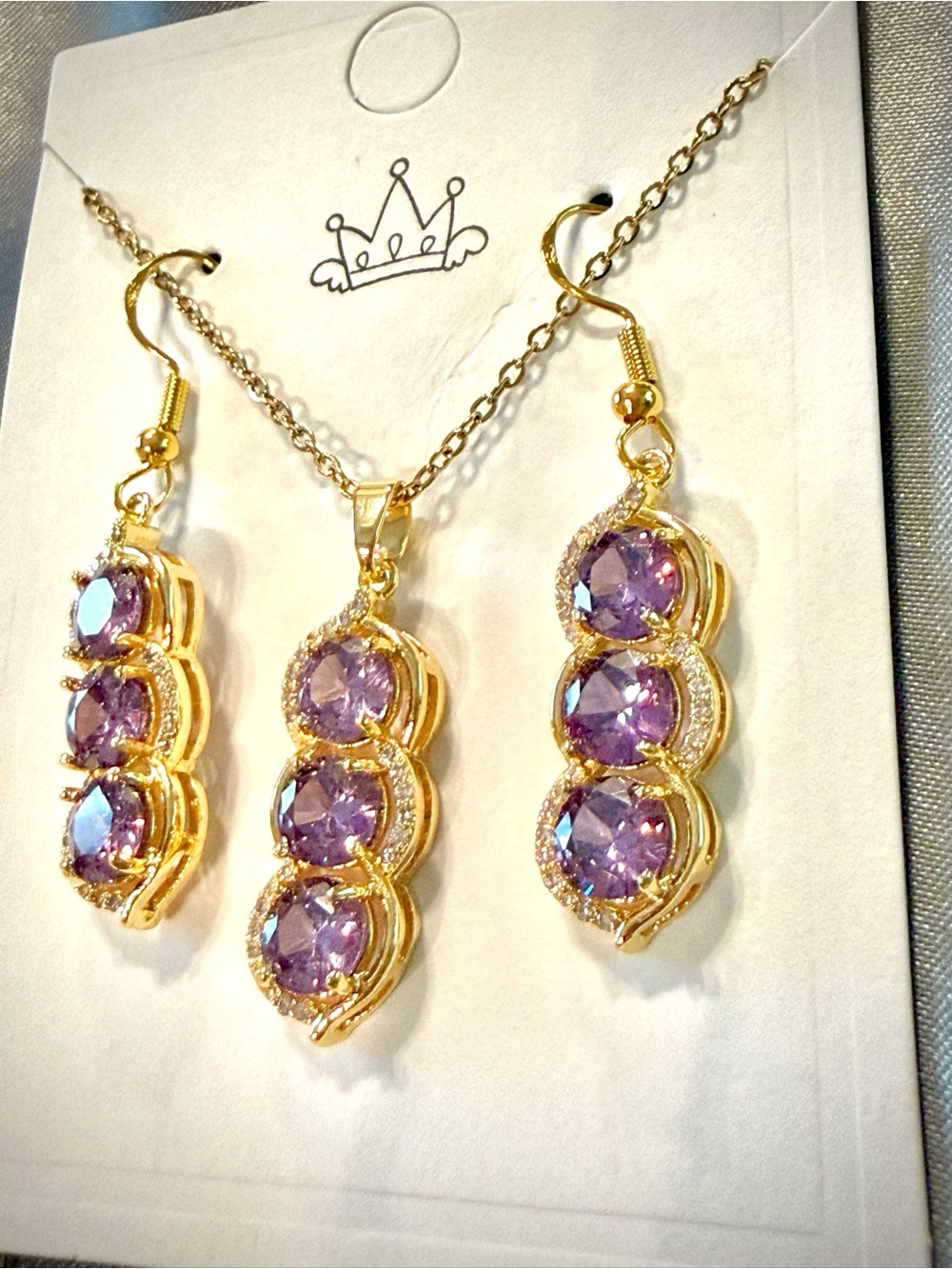 Gold-Plated Purple Crystal Necklace & Earrings Set